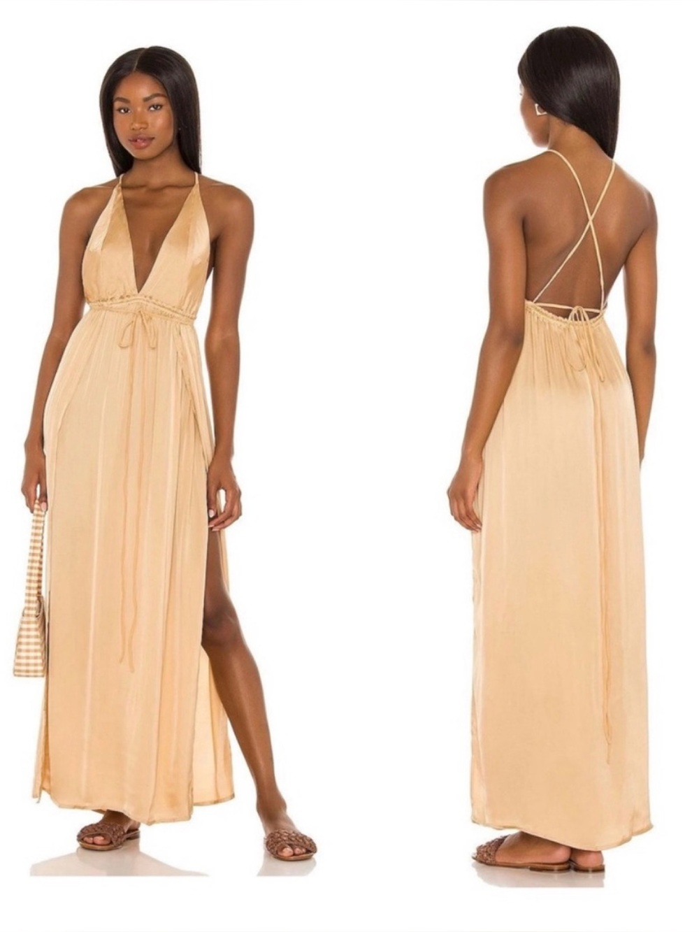 INDAH Beige Backless Halter Maxi Dress Open Back Slit Resort Size XS